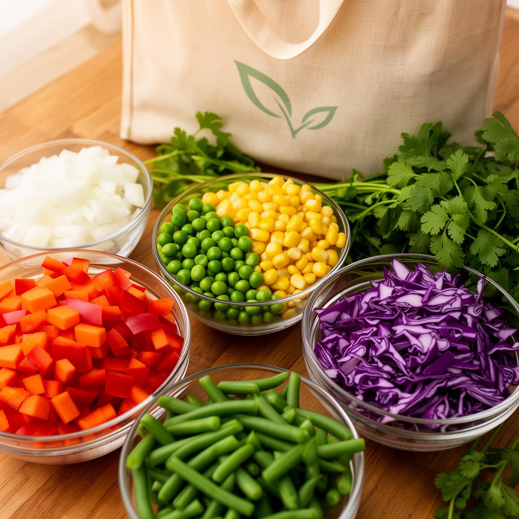 Freshly cut vegetables in glass bowls — carrots, peas, corn, cabbage, beans